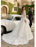 Long Sleeves Beaded Ivory Lace Tulle Floral Stunning Wedding Dress